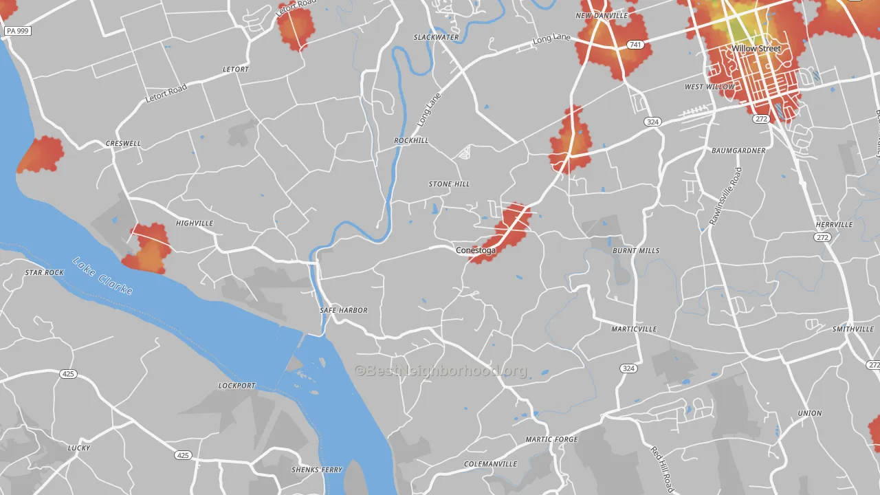 Walk Grade map of Conestoga, PA, walkable areas in green and car-dependent areas in red