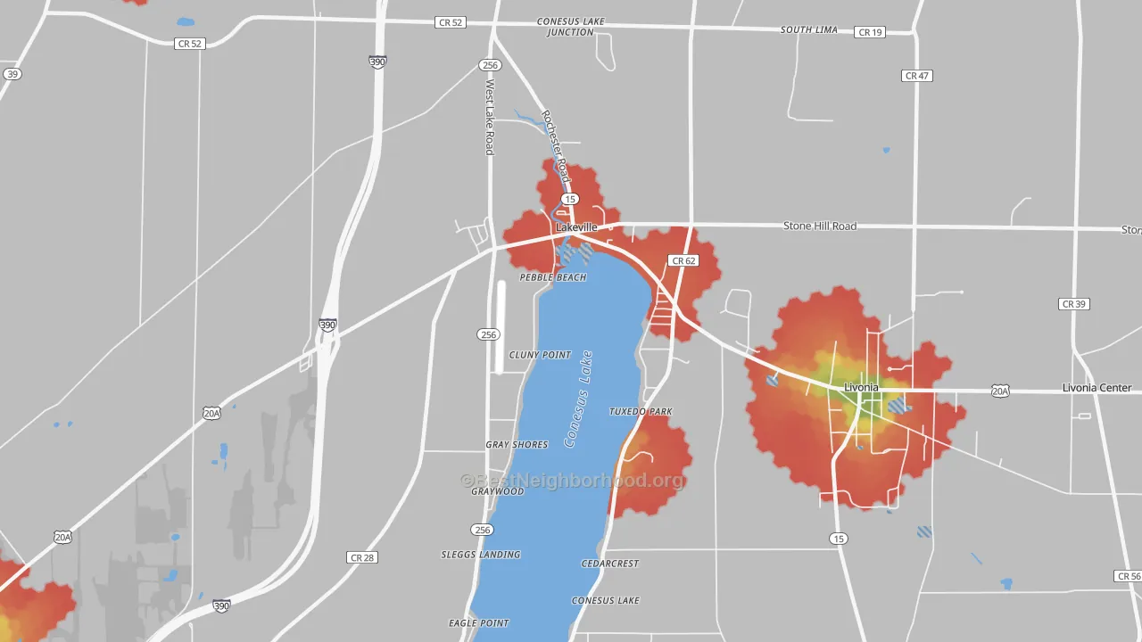 Walk Grade map of Conesus Lake, NY, walkable areas in green and car-dependent areas in red