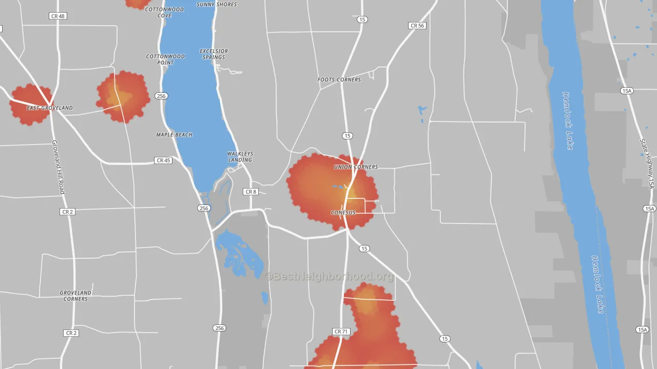 Walk Grade map of Conesus, NY, walkable areas in green and car-dependent areas in red