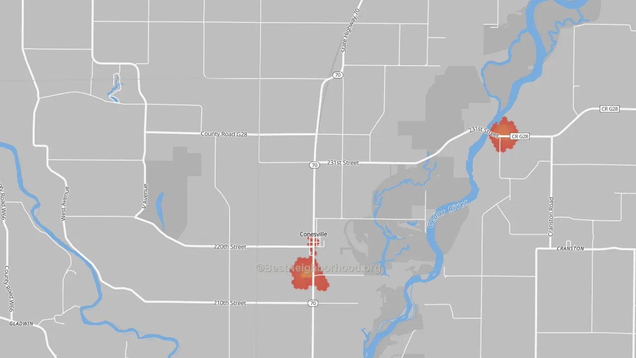 Walk Grade map of Conesville, IA, walkable areas in green and car-dependent areas in red