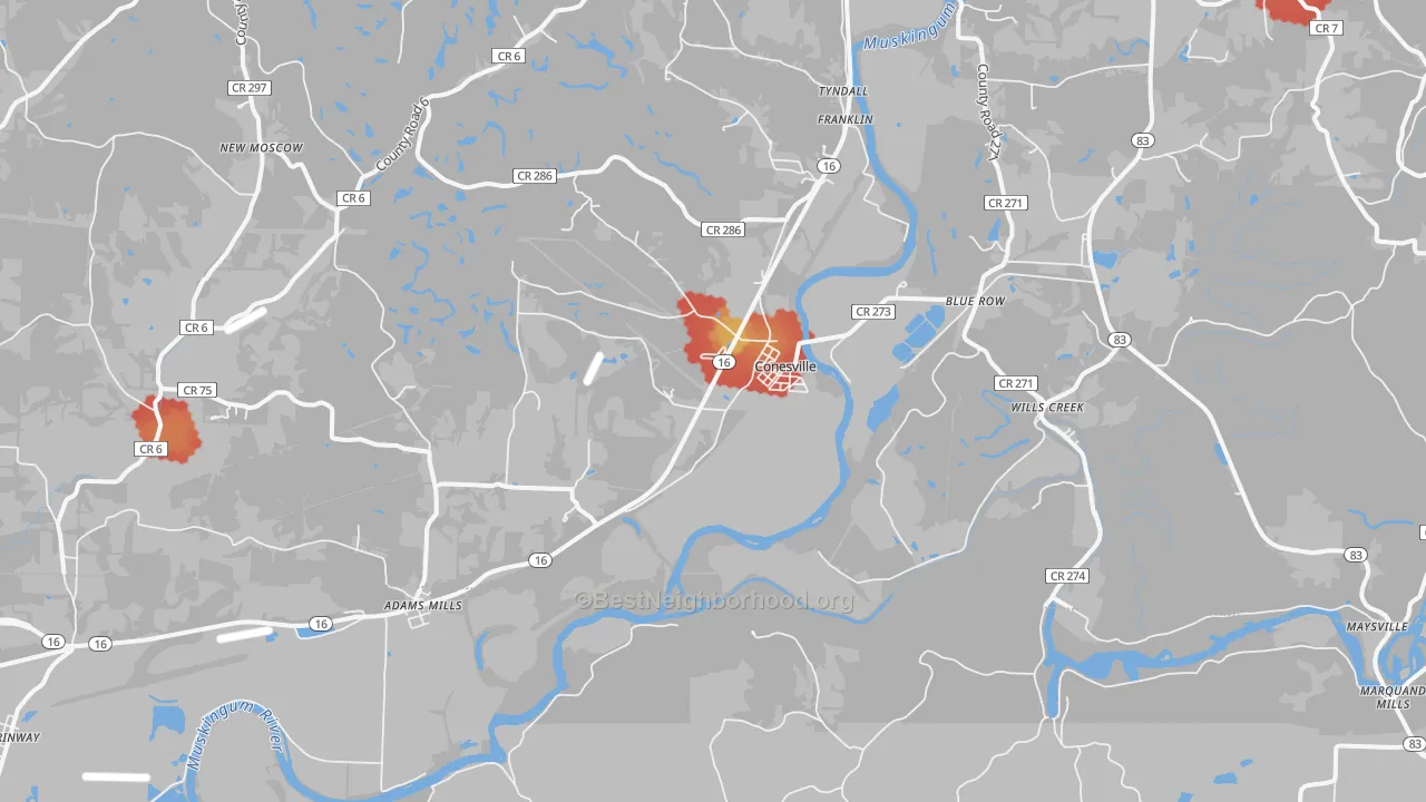 Walk Grade map of Conesville, OH, walkable areas in green and car-dependent areas in red