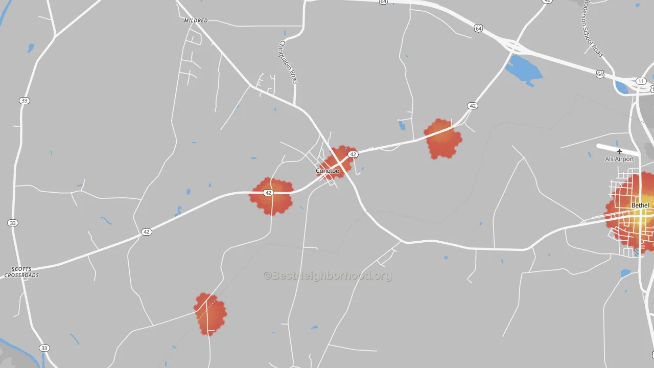 Walk Grade map of Conetoe, NC, walkable areas in green and car-dependent areas in red