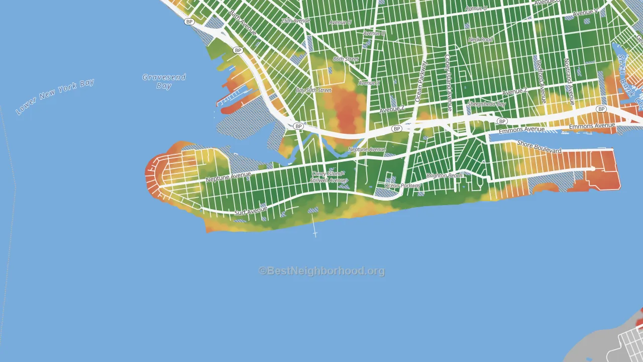 Walk Grade map of Coney Island, Brooklyn, NY, walkable areas in green and car-dependent areas in red