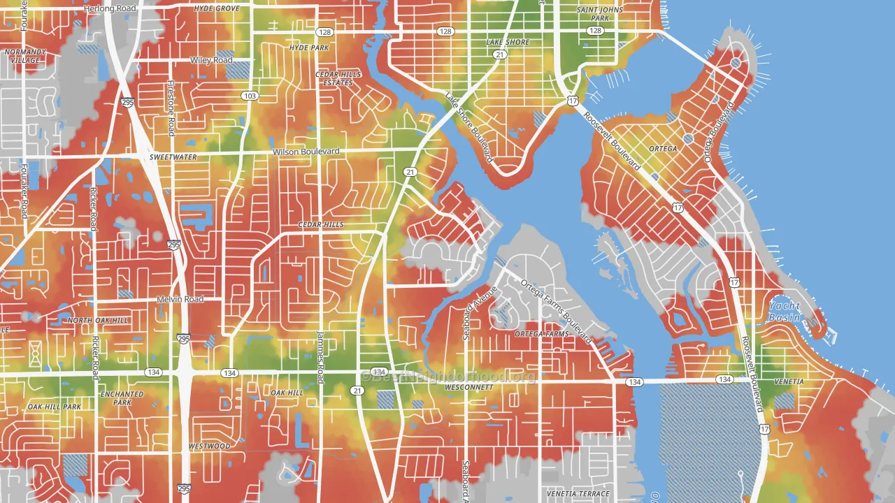 Walk Grade map of Confederate Point, Jacksonville, FL, walkable areas in green and car-dependent areas in red