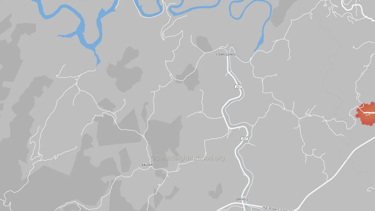 Walk Grade map of Confluence, KY, walkable areas in green and car-dependent areas in red