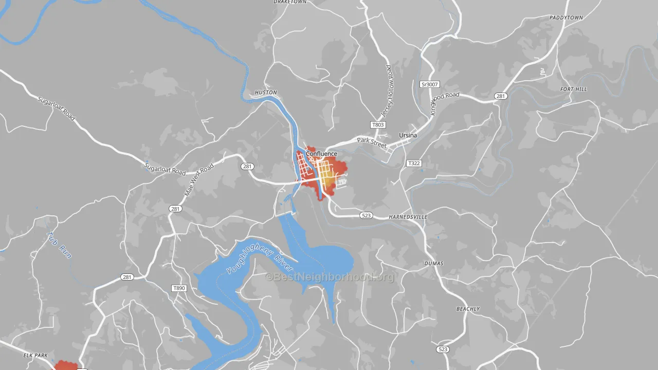 Walk Grade map of Confluence, PA, walkable areas in green and car-dependent areas in red