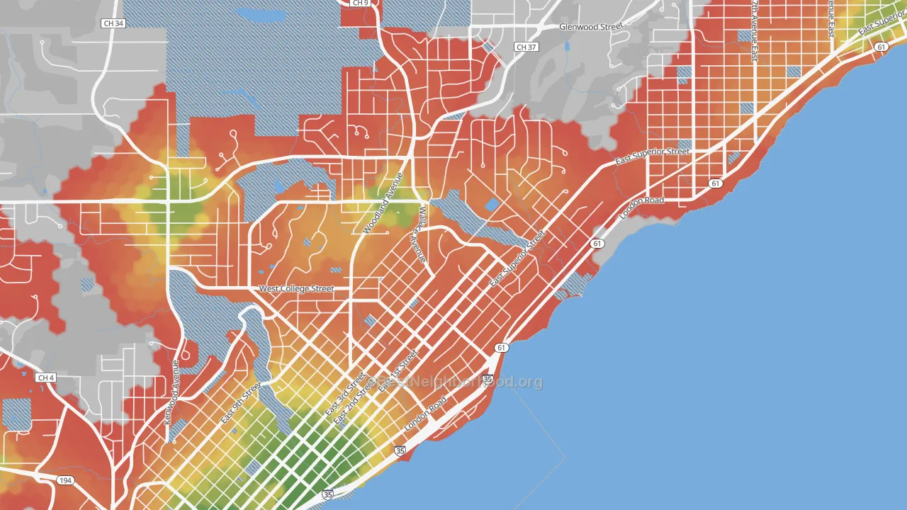 Walk Grade map of Congdon Park, Duluth, MN, walkable areas in green and car-dependent areas in red