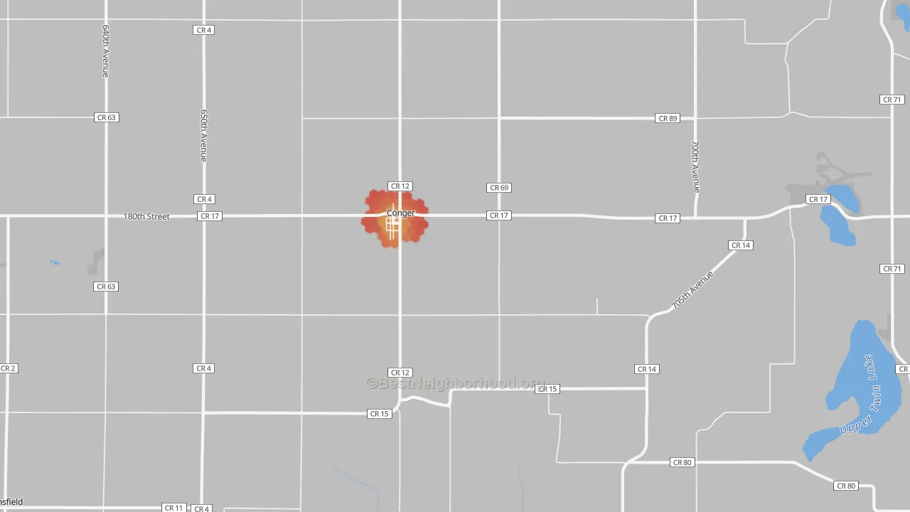 Walk Grade map of Conger, MN, walkable areas in green and car-dependent areas in red