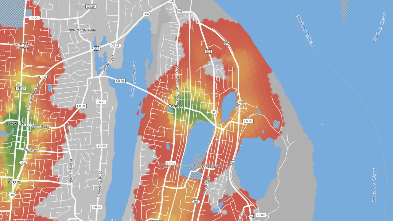 Walk Grade map of Congers, NY, walkable areas in green and car-dependent areas in red
