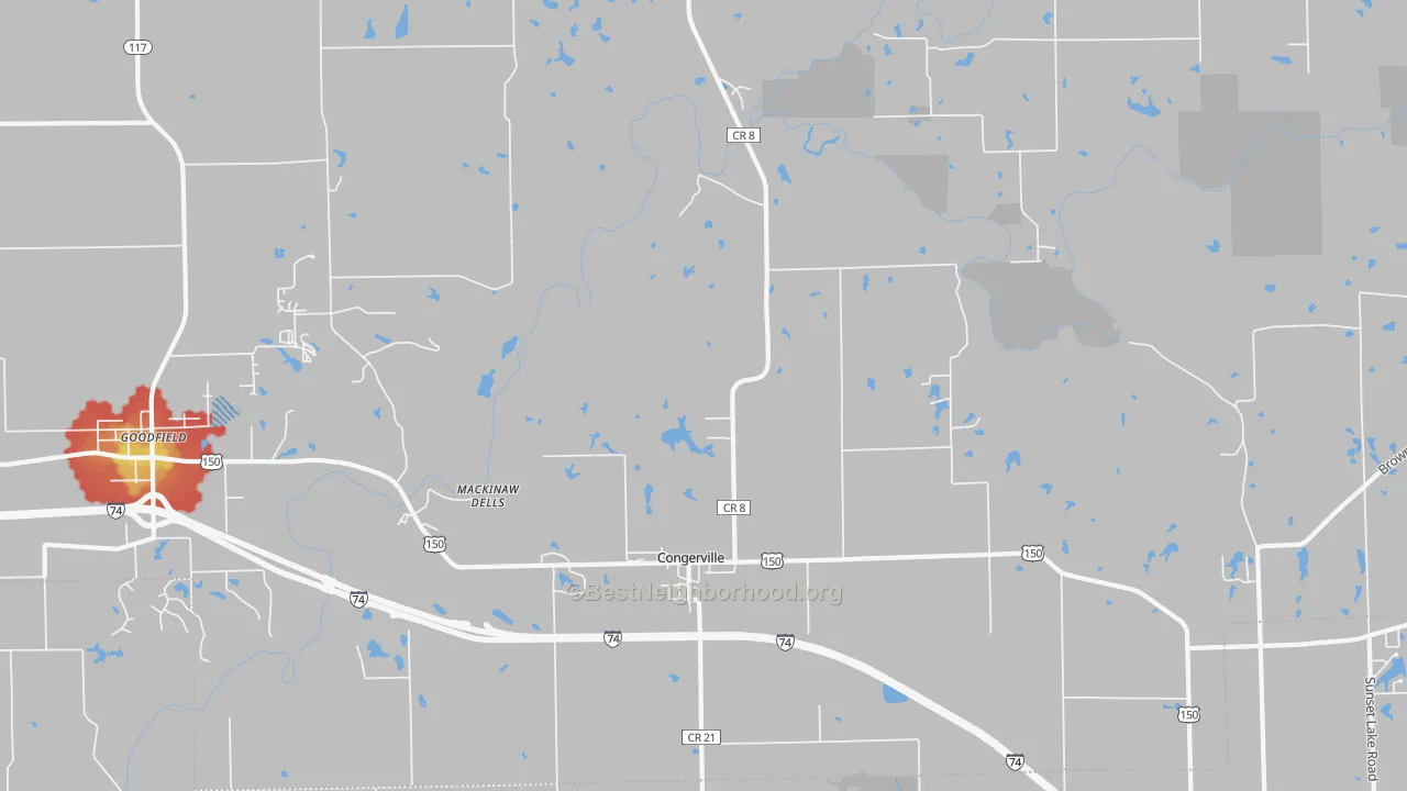 Walk Grade map of Congerville, IL, walkable areas in green and car-dependent areas in red