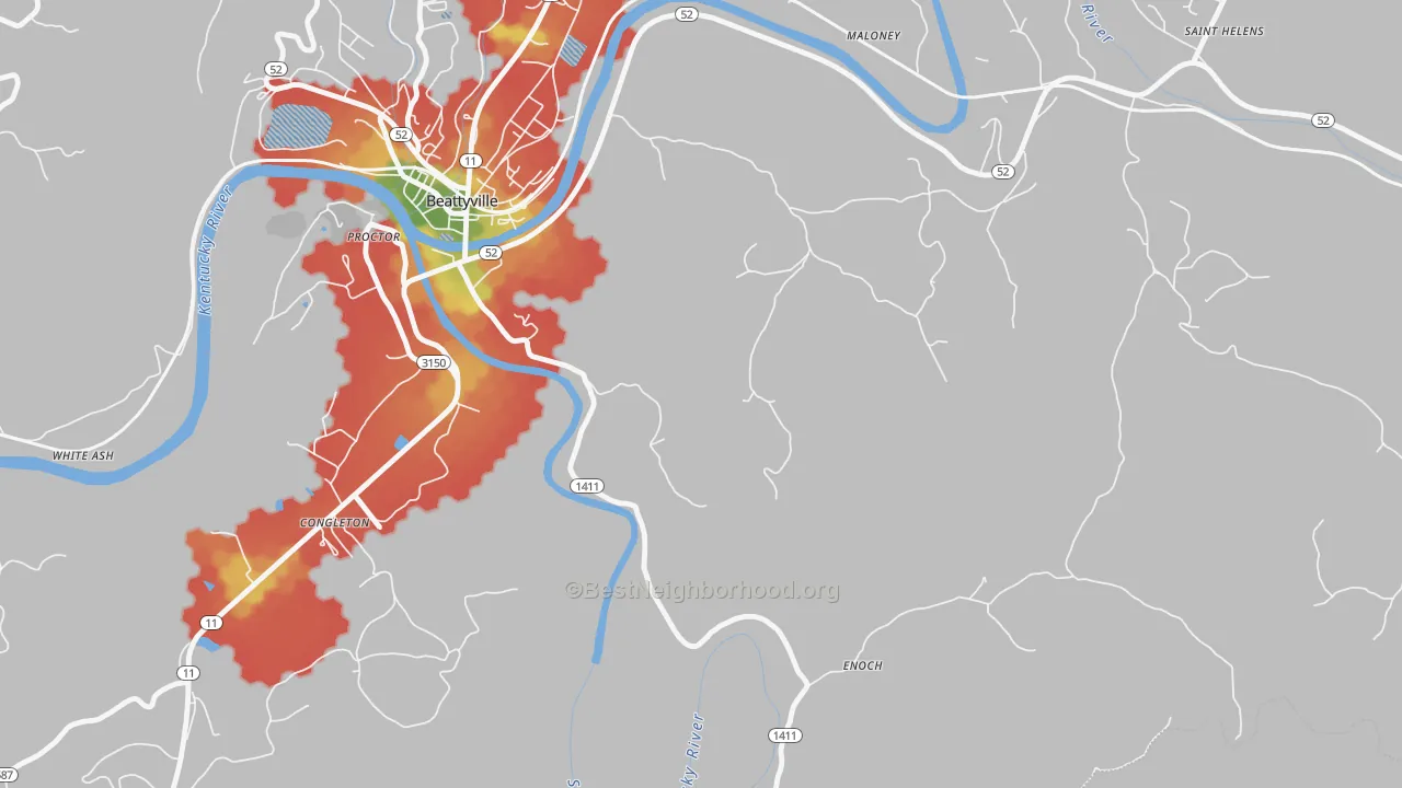 Walk Grade map of Congleton, KY, walkable areas in green and car-dependent areas in red