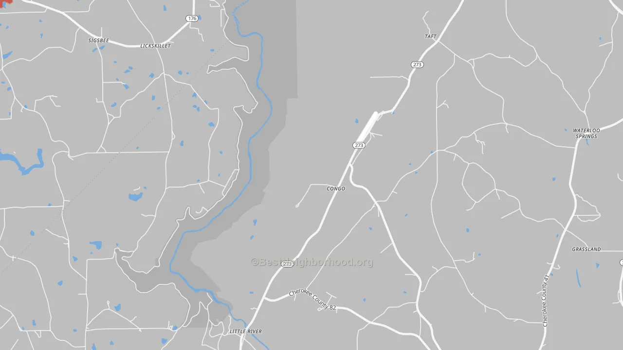 Walk Grade map of Congo, AL, walkable areas in green and car-dependent areas in red