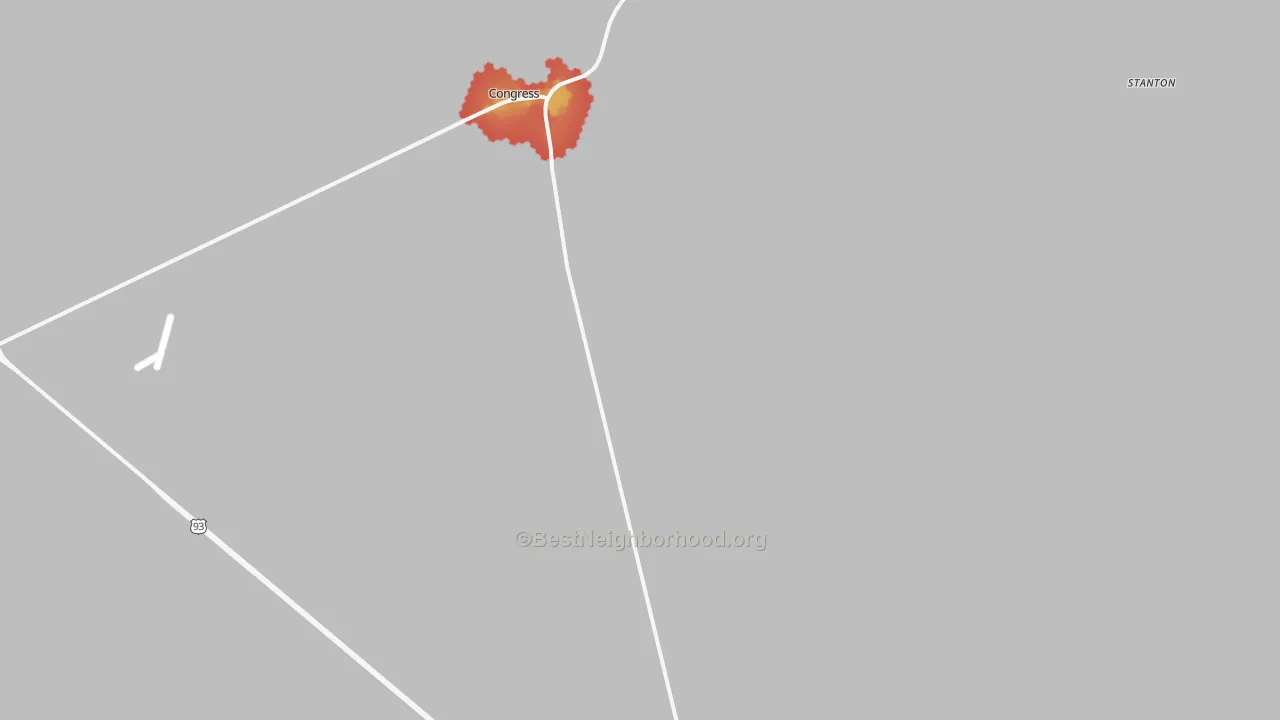 Walk Grade map of Congress, AZ, walkable areas in green and car-dependent areas in red