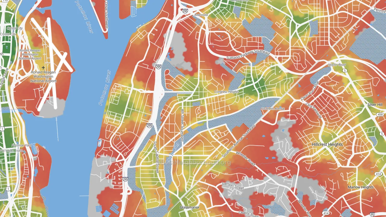 Walk Grade map of Congress Heights, Washington, DC, walkable areas in green and car-dependent areas in red