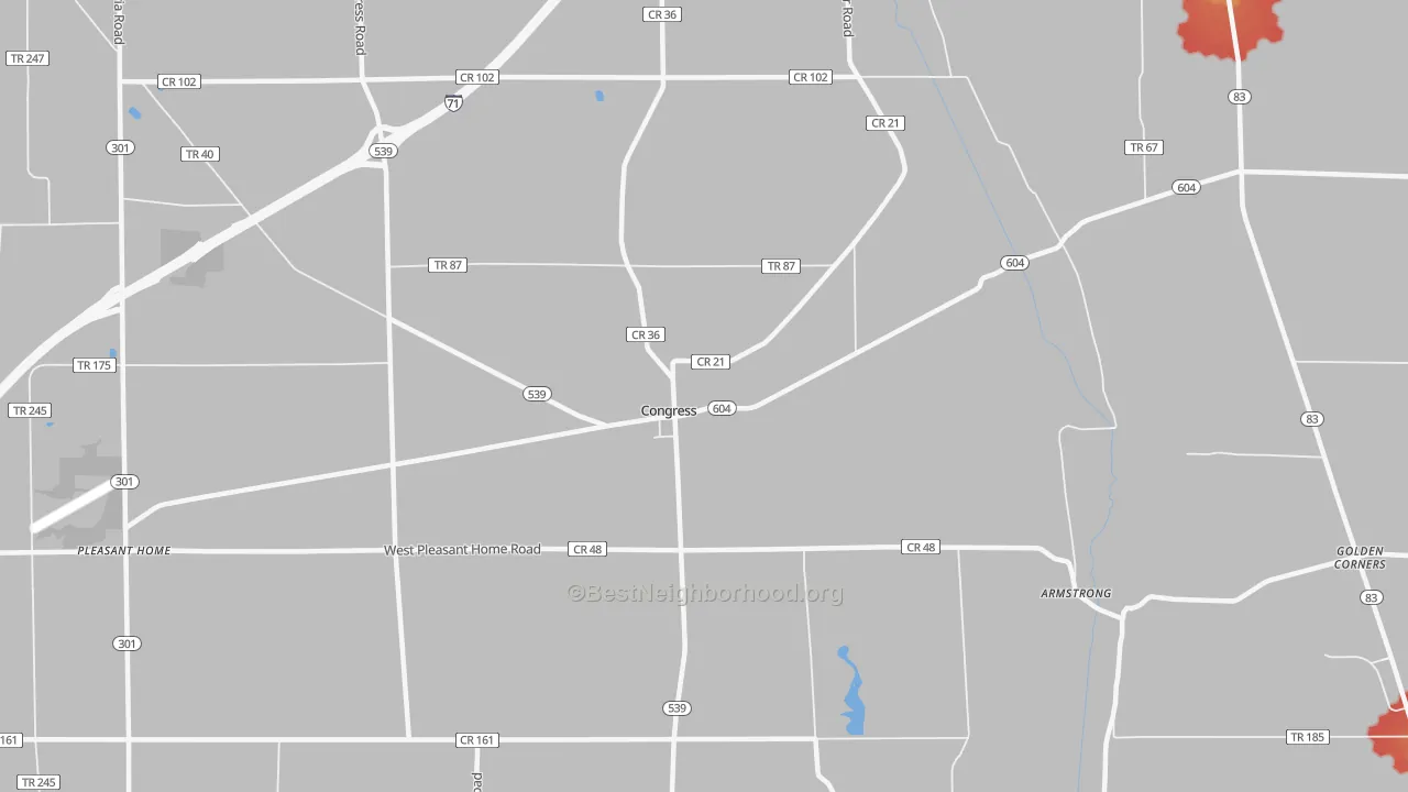 Walk Grade map of Congress, OH, walkable areas in green and car-dependent areas in red