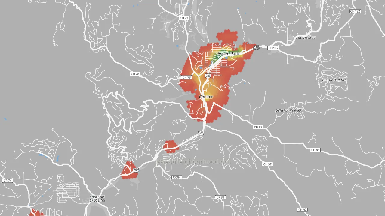 Walk Grade map of Conifer, CO, walkable areas in green and car-dependent areas in red
