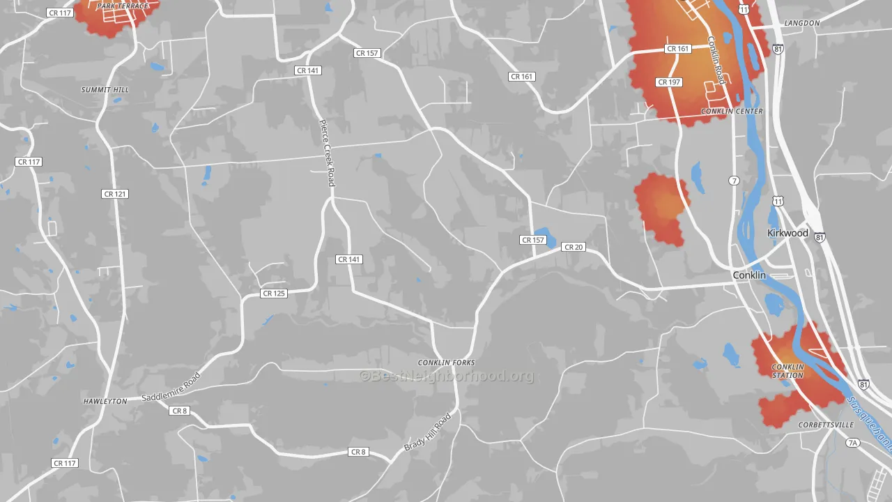 Walk Grade map of Conklin Forks, NY, walkable areas in green and car-dependent areas in red