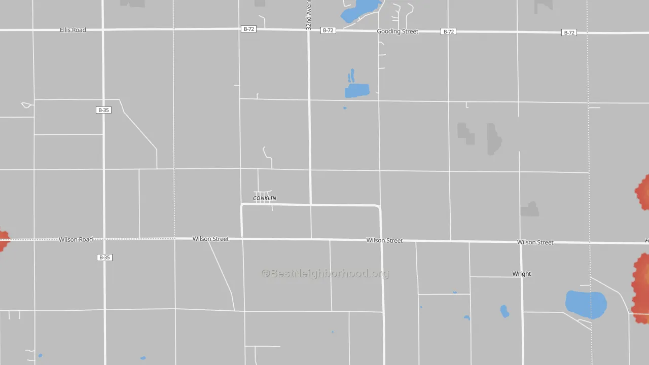 Walk Grade map of Conklin, MI, walkable areas in green and car-dependent areas in red