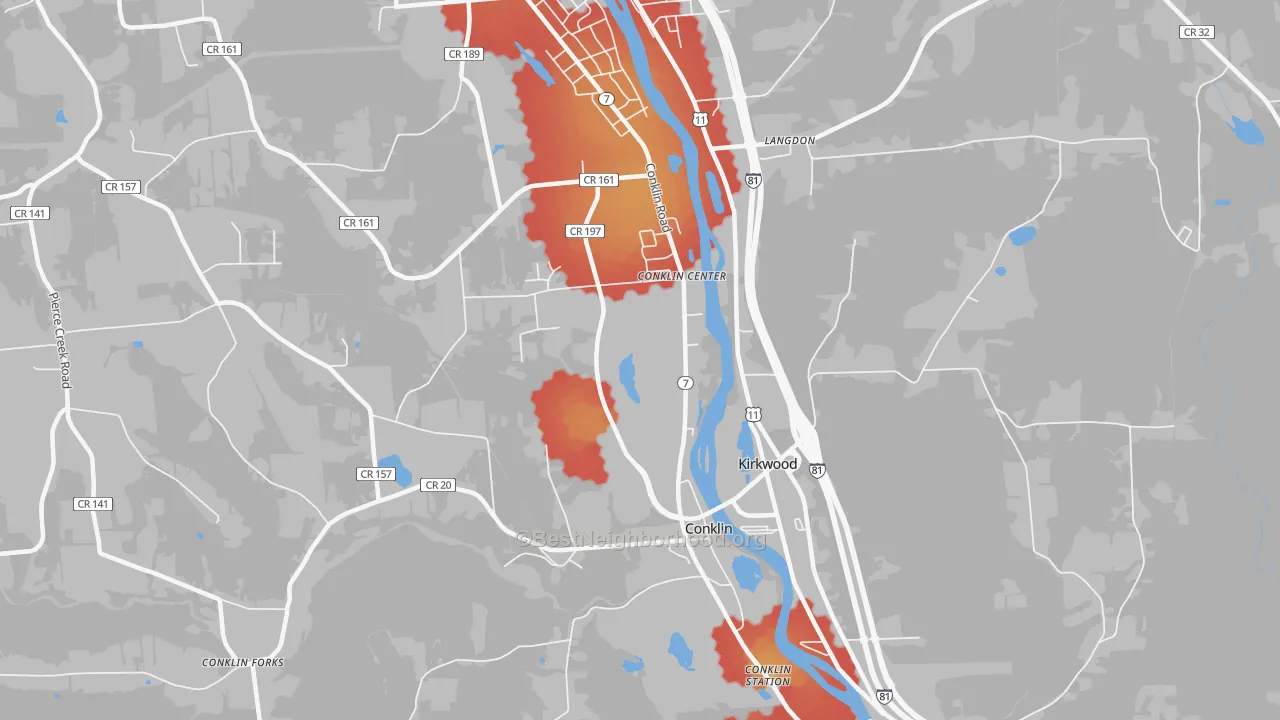 Walk Grade map of Conklin, NY, walkable areas in green and car-dependent areas in red