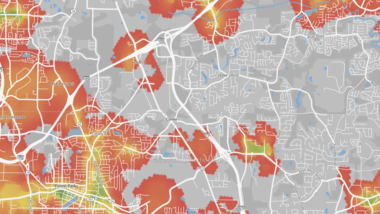 Walk Grade map of Conley, GA, walkable areas in green and car-dependent areas in red