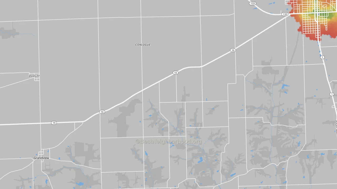 Walk Grade map of Conlogue, IL, walkable areas in green and car-dependent areas in red
