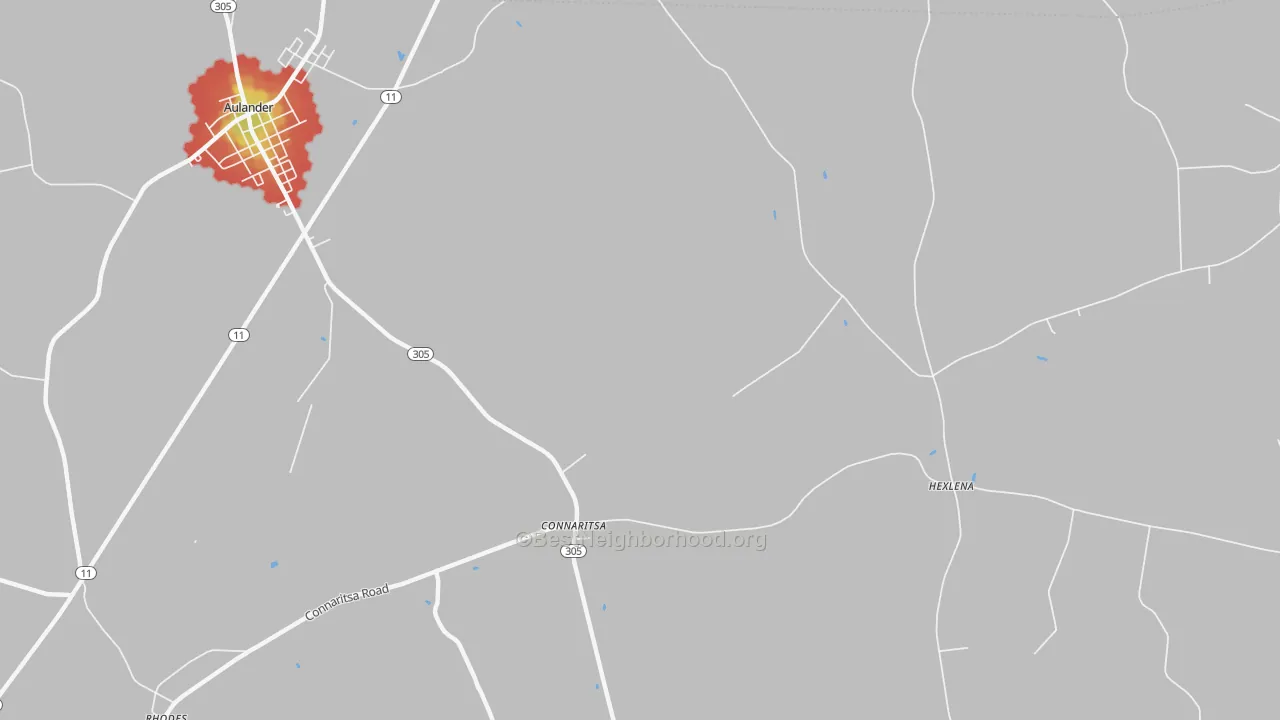 Walk Grade map of Connaritsa, NC, walkable areas in green and car-dependent areas in red