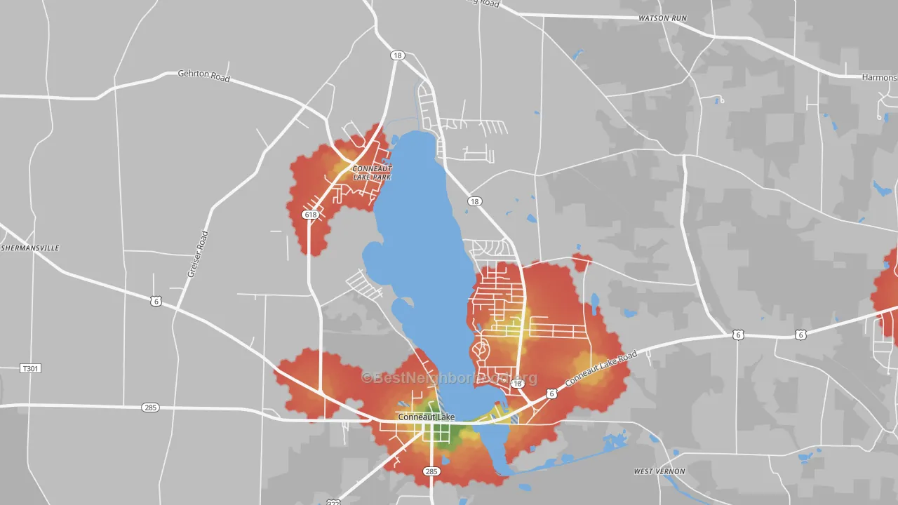 Walk Grade map of Conneaut Lakeshore, PA, walkable areas in green and car-dependent areas in red