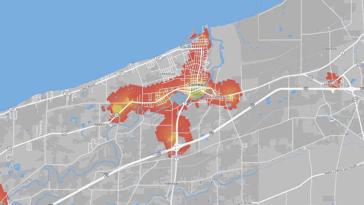 Walk Grade map of Conneaut, OH, walkable areas in green and car-dependent areas in red