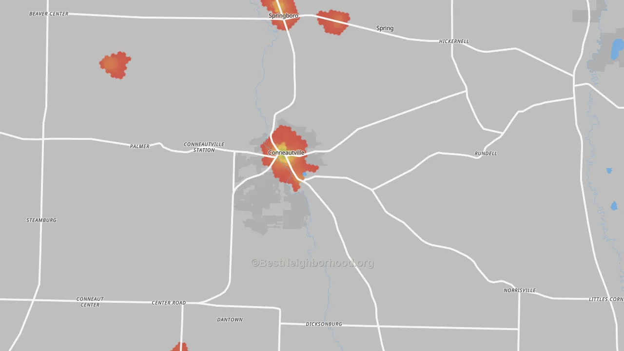 Walk Grade map of Conneautville, PA, walkable areas in green and car-dependent areas in red