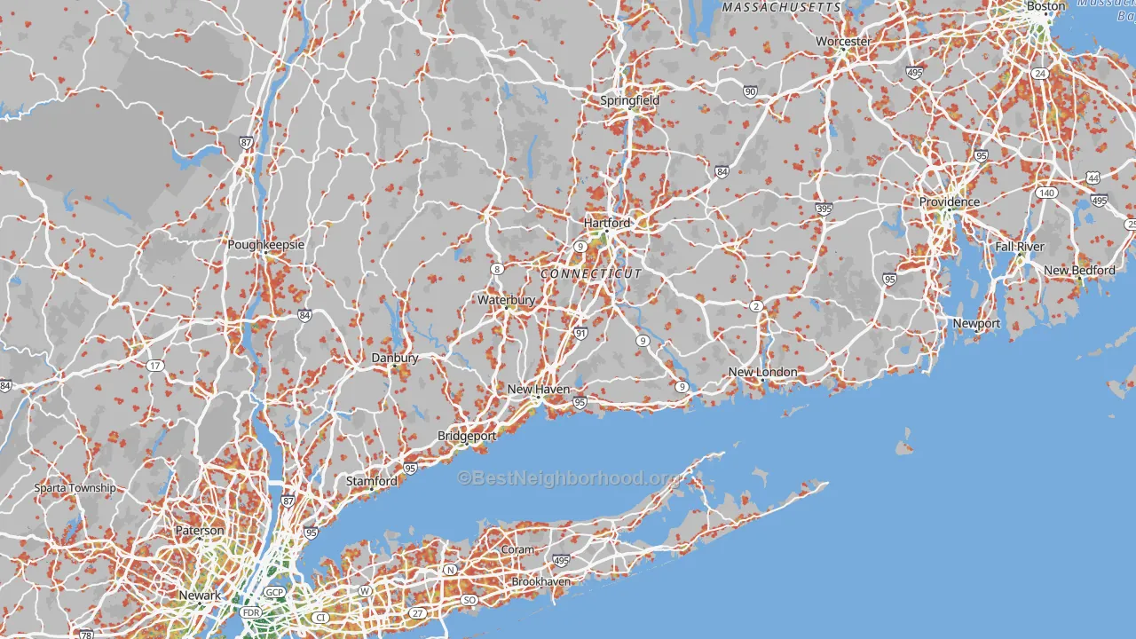 Walk Grade map of Connecticut, walkable areas in green and car-dependent areas in red