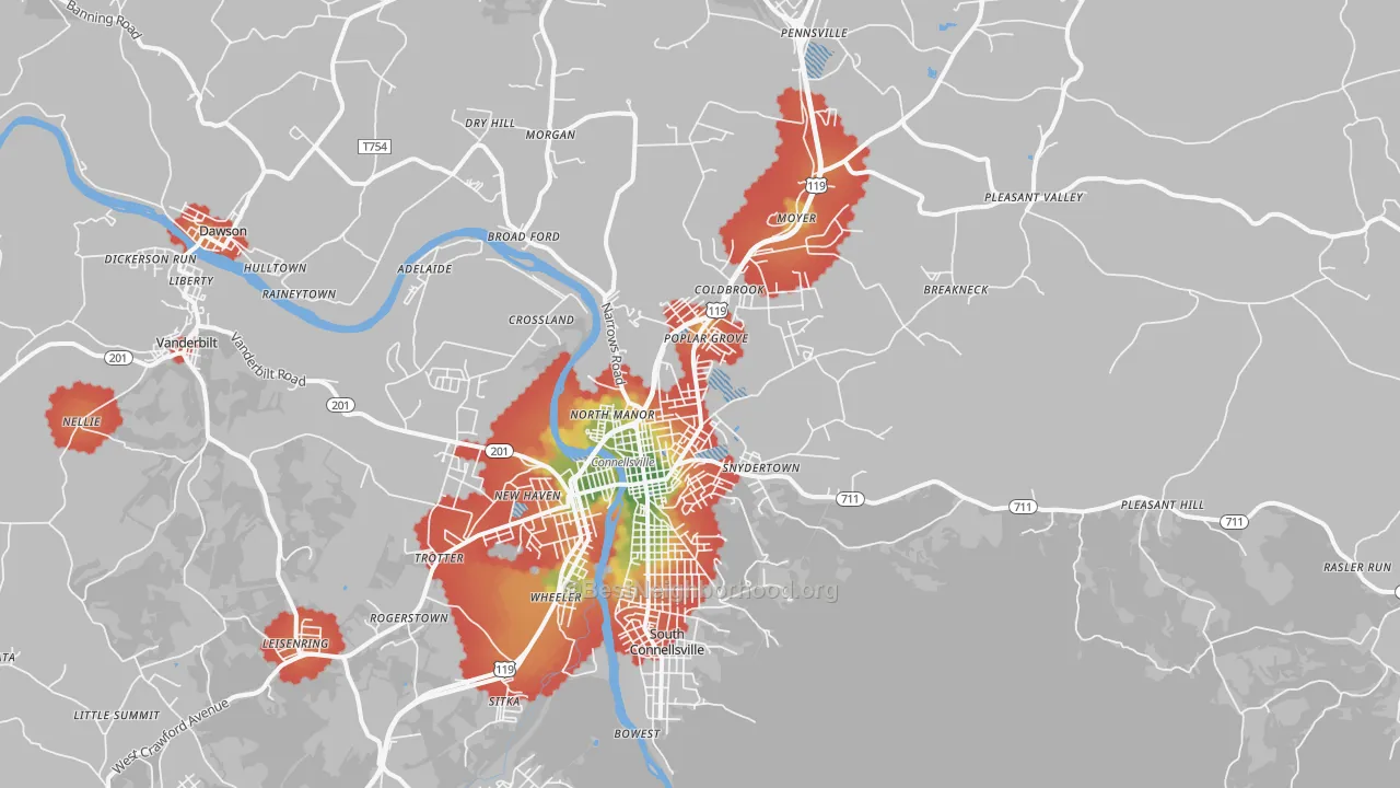 Walk Grade map of Connellsville, PA, walkable areas in green and car-dependent areas in red