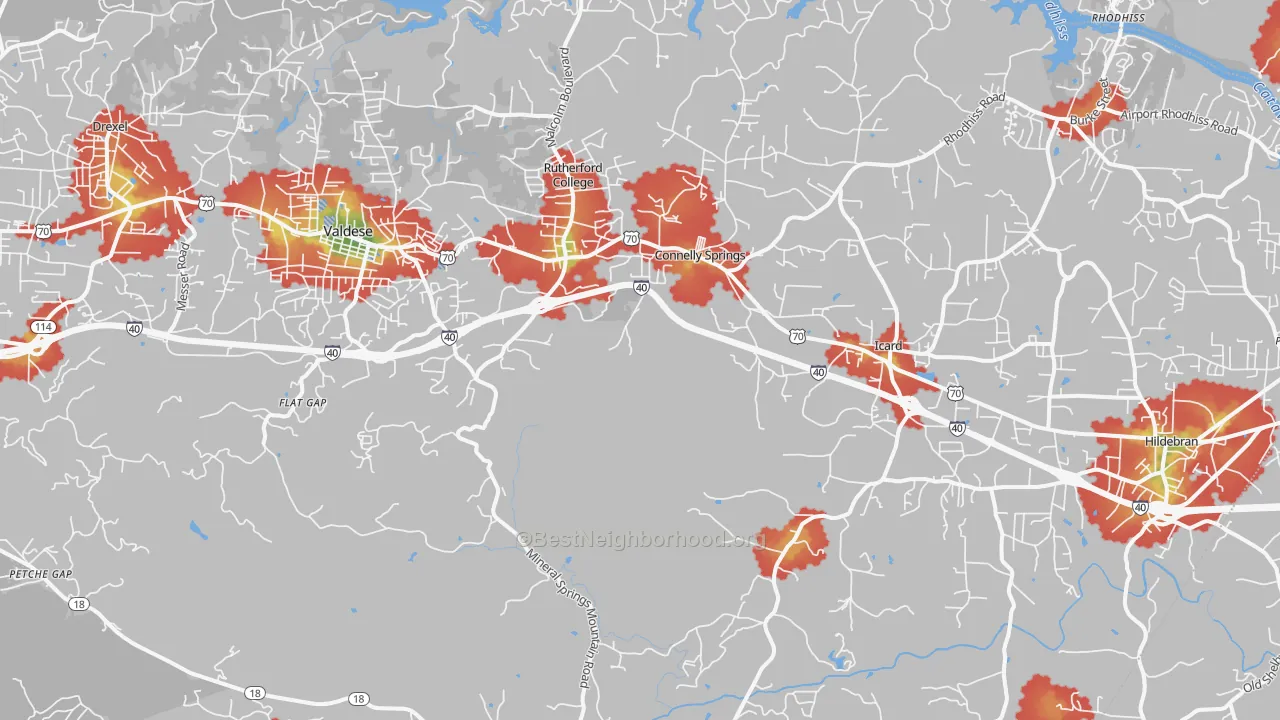 Walk Grade map of Connelly Springs, NC, walkable areas in green and car-dependent areas in red