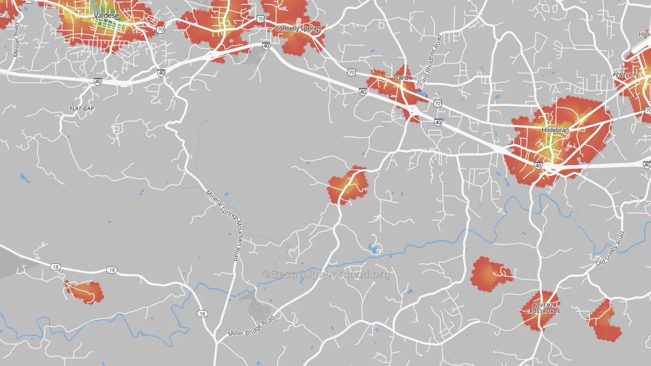 Walk Grade map of Connellys Springs, NC, walkable areas in green and car-dependent areas in red