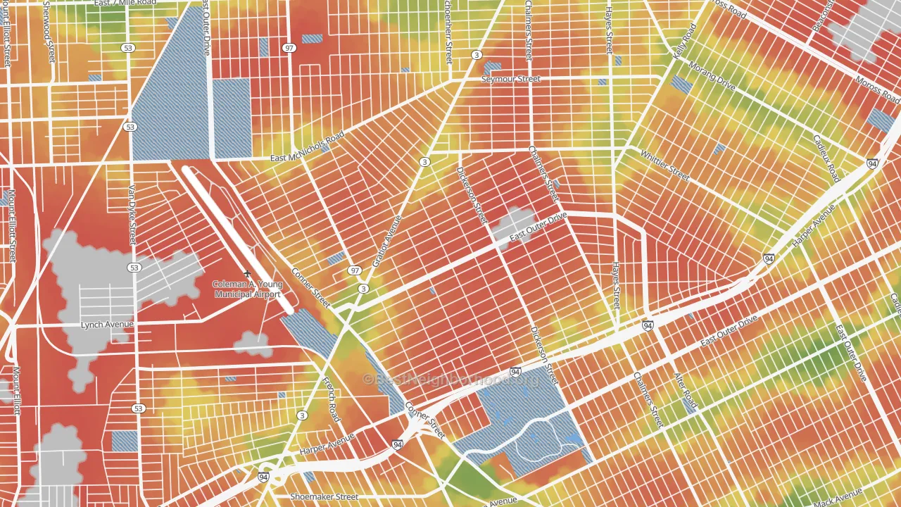 Walk Grade map of Conner, Detroit, MI, walkable areas in green and car-dependent areas in red