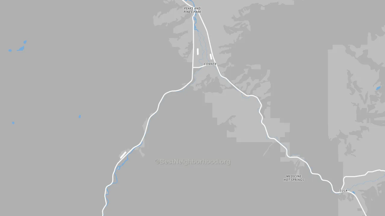 Walk Grade map of Conner, MT, walkable areas in green and car-dependent areas in red