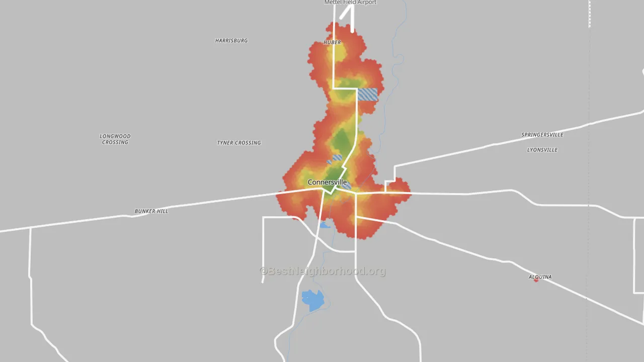 Walk Grade map of Connersville, IN, walkable areas in green and car-dependent areas in red