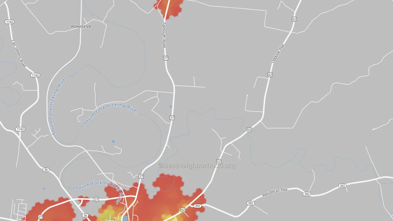 Walk Grade map of Connersville, KY, walkable areas in green and car-dependent areas in red