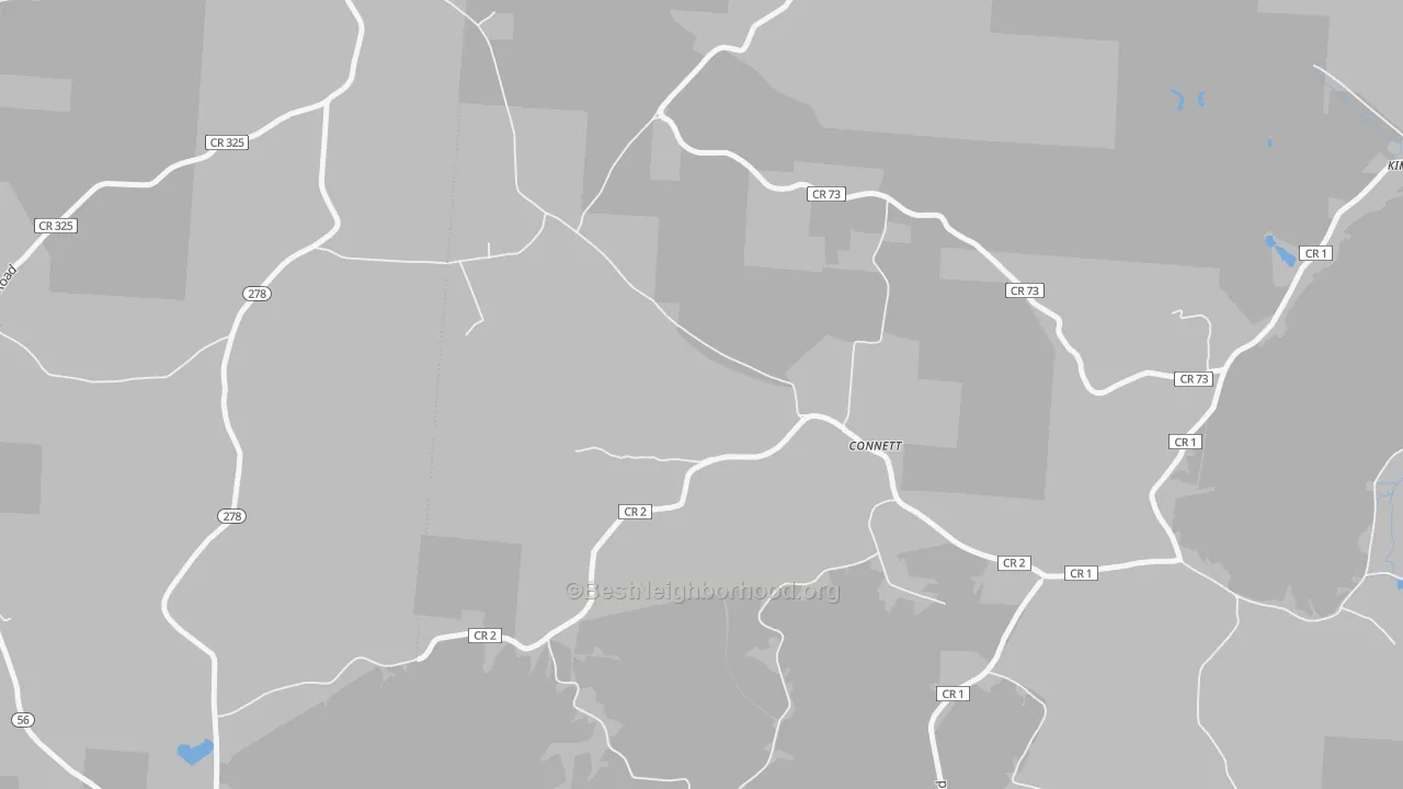 Walk Grade map of Connett, OH, walkable areas in green and car-dependent areas in red