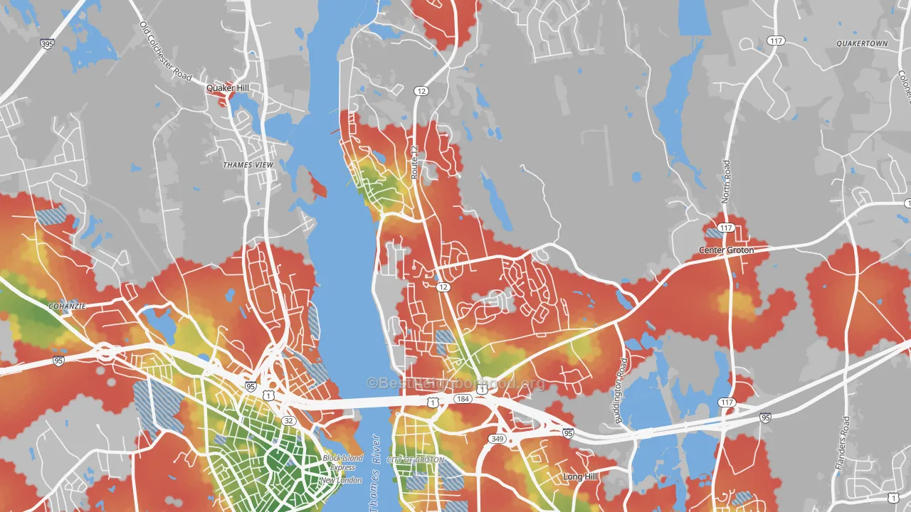 Walk Grade map of Conning Towers Nautilus Park, CT, walkable areas in green and car-dependent areas in red