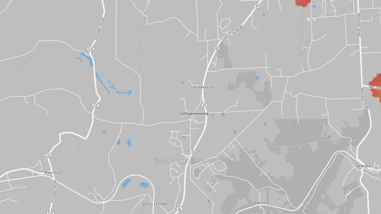 Walk Grade map of Connoquenessing, PA, walkable areas in green and car-dependent areas in red