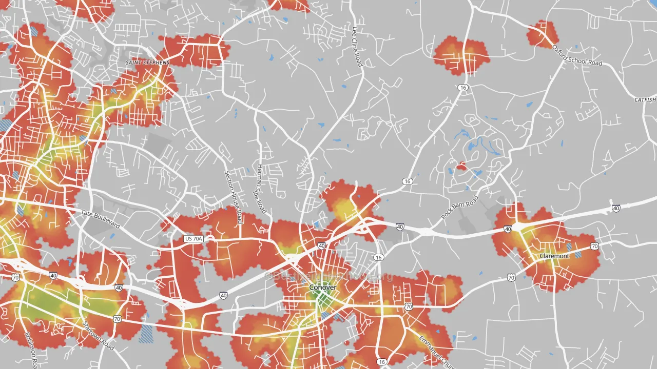 Walk Grade map of Conover, NC, walkable areas in green and car-dependent areas in red