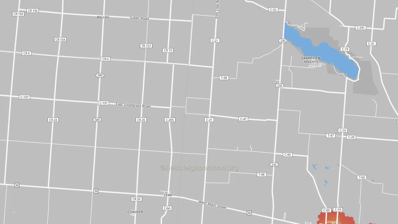 Walk Grade map of Conover, OH, walkable areas in green and car-dependent areas in red