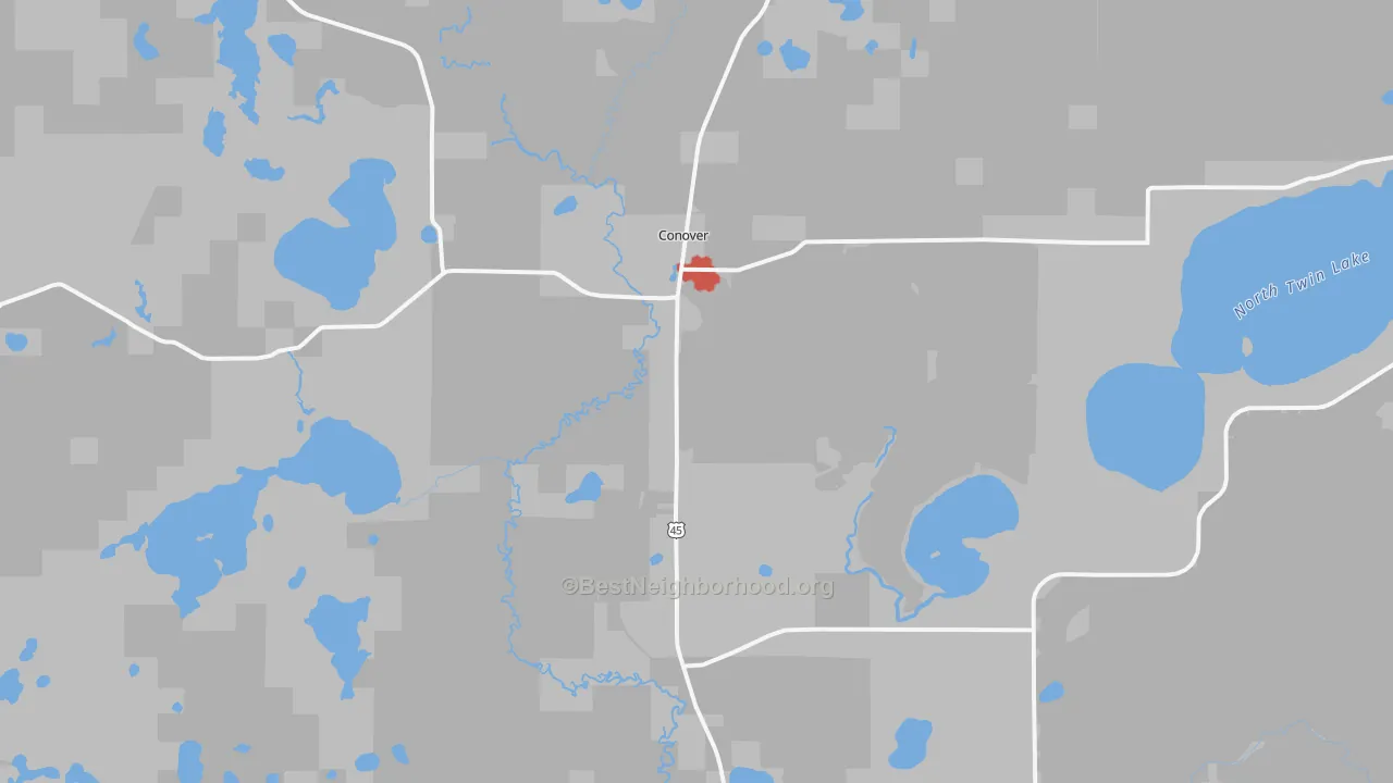 Walk Grade map of Conover, WI, walkable areas in green and car-dependent areas in red