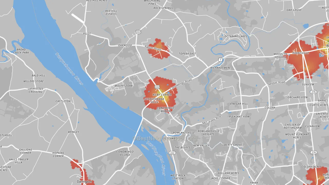 Walk Grade map of Conowingo, MD, walkable areas in green and car-dependent areas in red