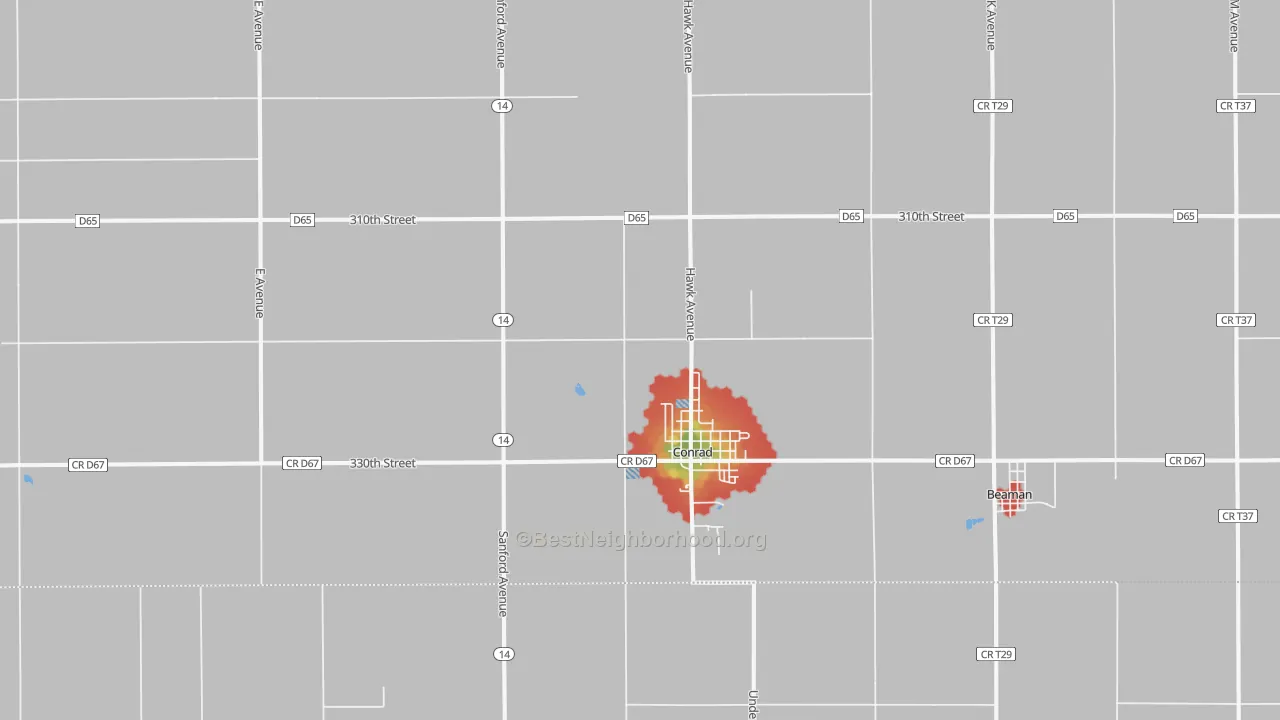Walk Grade map of Conrad, IA, walkable areas in green and car-dependent areas in red