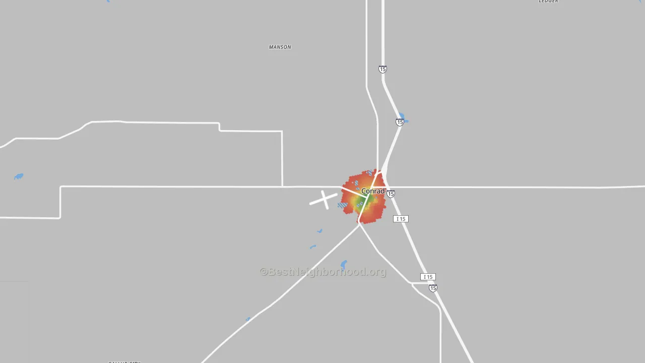 Walk Grade map of Conrad, MT, walkable areas in green and car-dependent areas in red