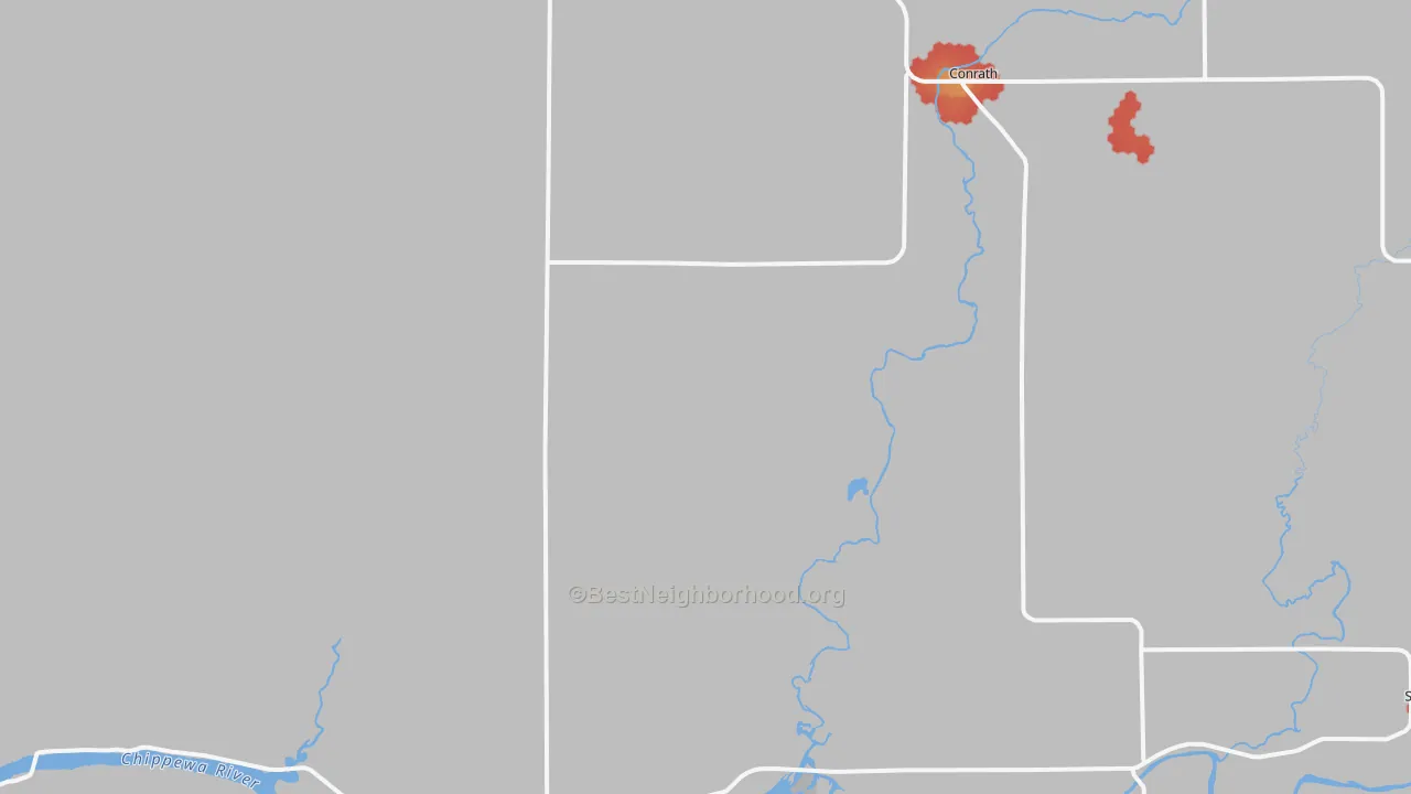 Walk Grade map of Conrath, WI, walkable areas in green and car-dependent areas in red