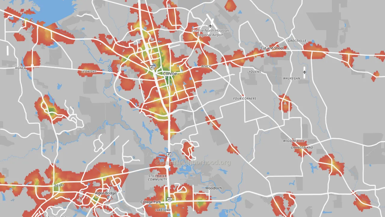 Walk Grade map of Conroe, TX, walkable areas in green and car-dependent areas in red