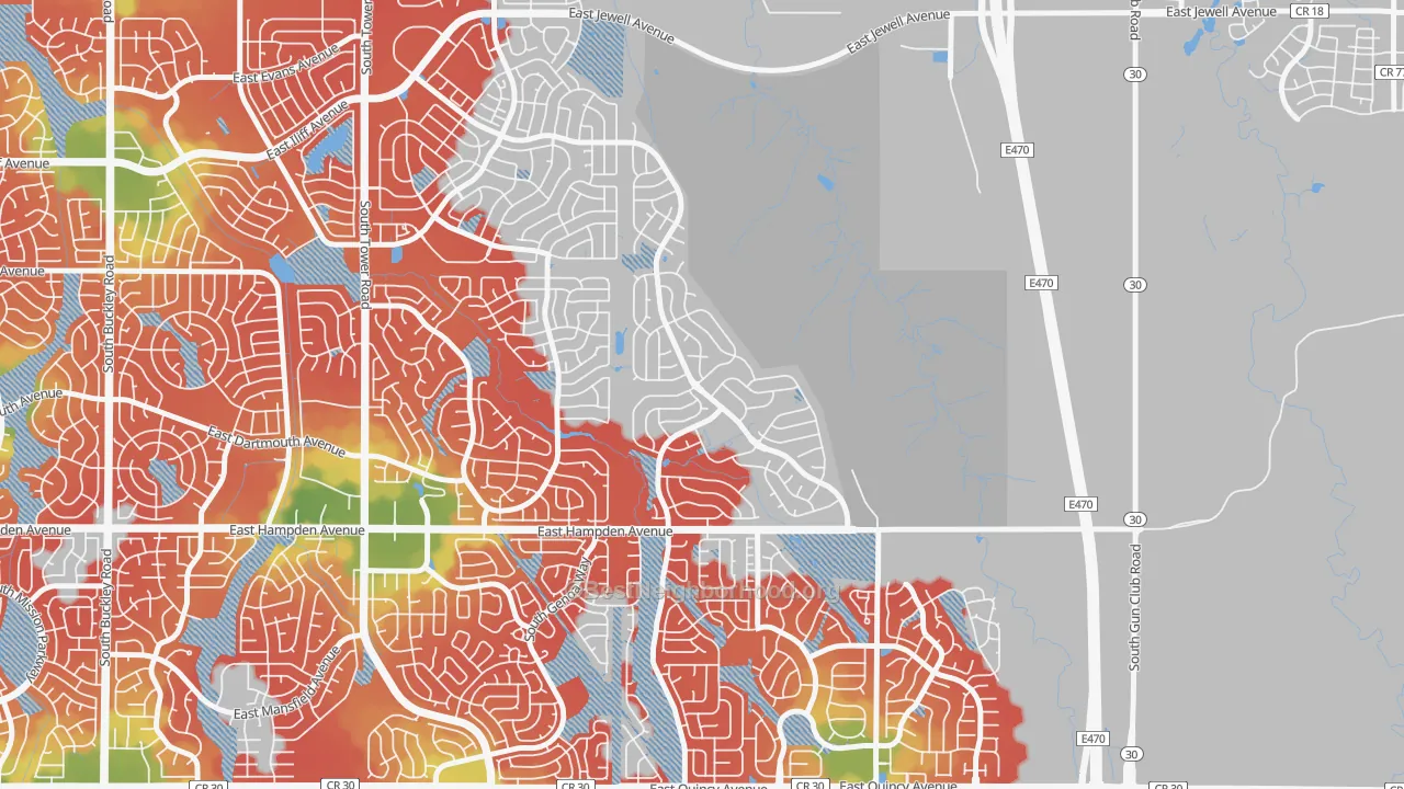 Walk Grade map of Conservatory, Aurora, CO, walkable areas in green and car-dependent areas in red