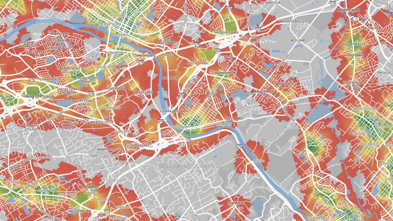 Walk Grade map of Conshohocken, PA, walkable areas in green and car-dependent areas in red